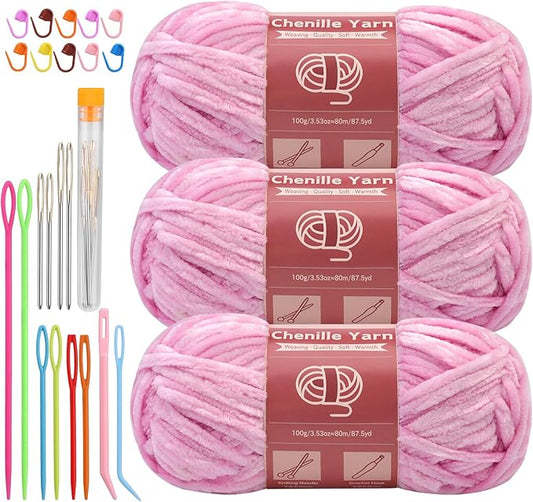 LUNARM Chenille Yarn for Crocheting Knitting, 3 Skein 263 Yard Thick Soft Chunky Fluffy Weaving Plush Yarn for Blankets Clothes Pattern Creations with Big Eye Needles (Light Pink)