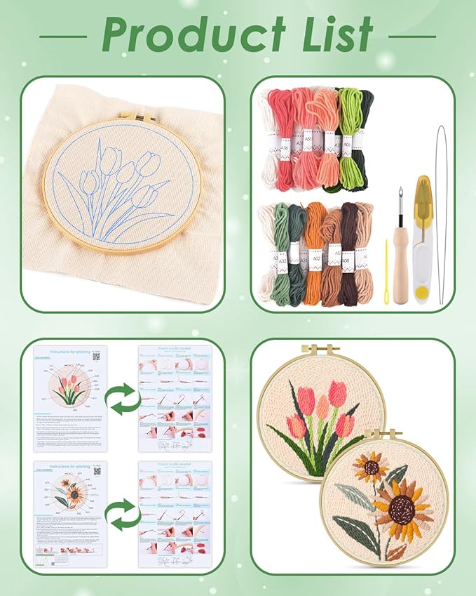 ERKOON Punch Needle Kit Adults Beginners, 2 Pcs DIY Easy Flower Embroidery Set for Starter Art Craft, Needling Punching Project with Patterns, Tools, Yarns, Hoop, Instruction (Sunflowers & Tulips)