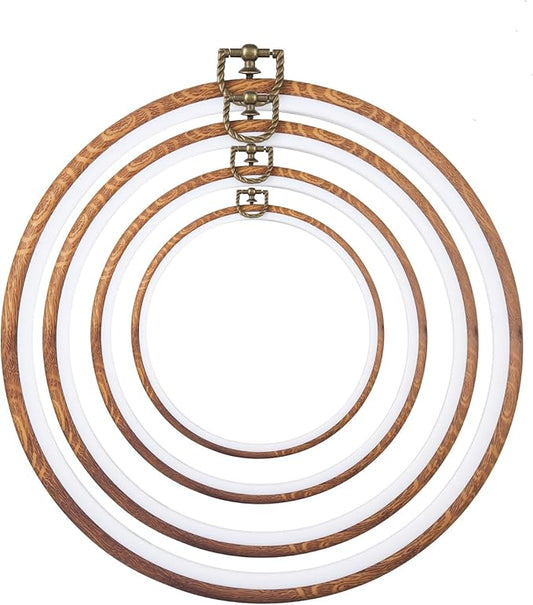 4 pcs round embroidery hoops set-decorative cross stitch hoop ring imitated wood display frame-circle hand embroidery kits for art craft sewing (4 different size)