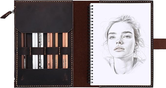 Leather Sketchbook Cover for A5/5.5"x8.5" sketch pads - Handmade Genuine Leather Artist Case with Pencil Holder & Zipper Pocket, Professional Drawing Supplies (D.Brown, 5.5"x8.5")