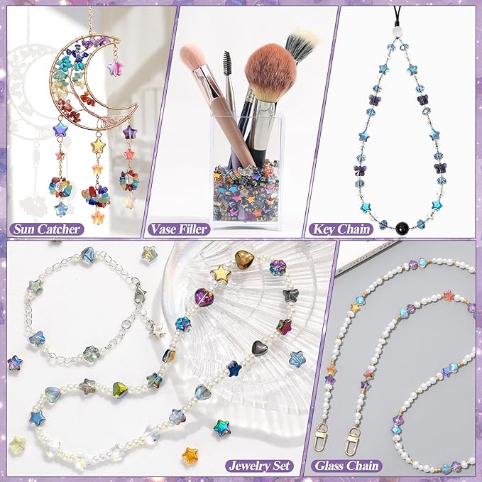 200PCS 10MM Glass Star Beads Bedazzling Irisedent Glass Beads,Crystal Star Beads Heart Beads,Eletroplated Mixed Colors Cute Bead for Necklace Bracelet Jewelry Making, Spacer Bead for Crafting & DIY