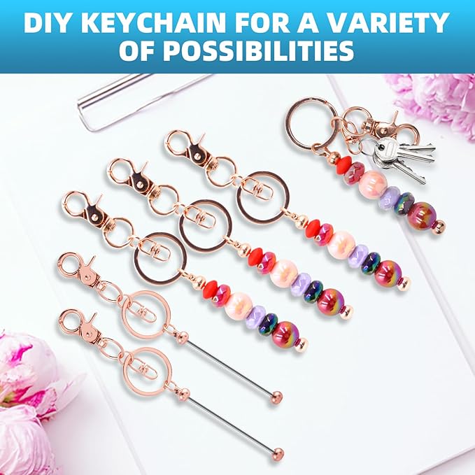 80 Pcs Beadable Keychains Bulk Kit – DIY Keychain Making Supplies with Metal Blanks for Crafts, Jewelry, Charms, Custom Projects – Blank Chain Bars for Beaded Keychain Design (Rose Gold)