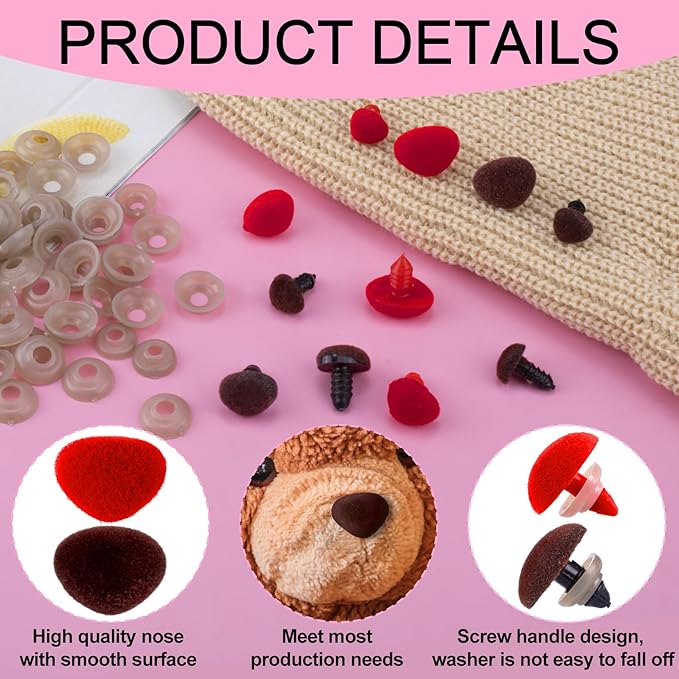 CustomyLife 32pcs Safety Noses for Amigurumi, 4 Sizes Plastic Craft Doll Noses with Washers, Flocking Stuffed Noses for Crochet Puppet Plush Toy Accessories- Red & Brown