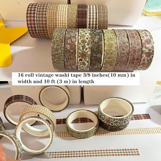16Rolls Vintage Washi Tape Set, Plaid washi Tape Thin Decorative Tapes for Arts, DIY Crafts, Journals, Planners, Wrapping Tapes for Scrapbook Supplies,Bullet,Gift Wrapping