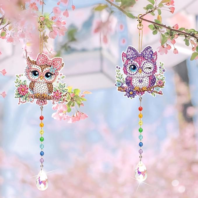 LazyFold 2 Pcs Diamond Painting Wind Chime Kits,Cute Owls DIY Diamond Art Painting Wind Chime Kits Crystal Art Suncatchers for Adults Home Garden Window Craft Gift