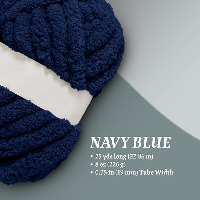 Super Soft Chunky Chenille Yarn – 8 Skeins × 8 oz (25 Yards Each) Jumbo Bulky Yarn for Crochet & Hand Knitting Blankets, Sweaters, Cushions, DIY Projects (Navy Blue)