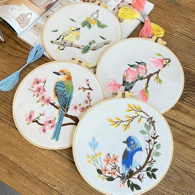 Phylisn 4 Sets Embroidery Kit for Beginners Adults,Needlepoint Starter DIY Kits with Patterns,Hoop,Color Threads,Tools,Easy Learn to Embroider with Instruction & Video