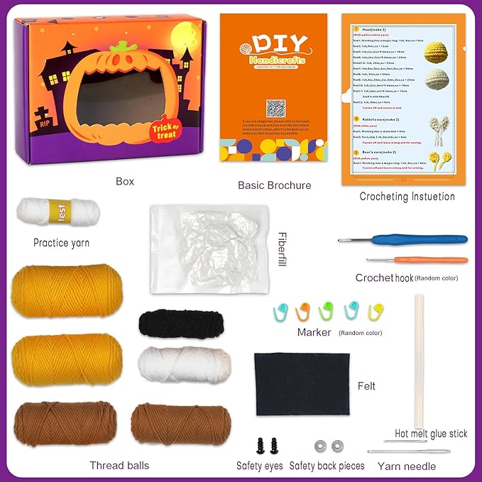 Beginners Easy to Start Crochet Kits for Beginners Halloween Pumpkin Animals Candy Bag Case Crochet Set DIY Gift for Starters Adult Kids Instruction and Video Tutorials