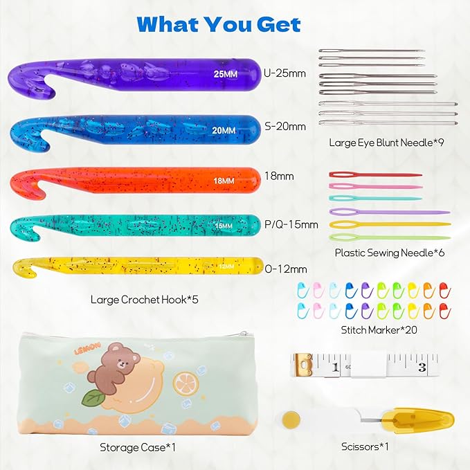 BsHooker 43Pcs Crochet Hooks Set,Plastic Crystal Crochet Hook with Case,5 Sizes Large Crochet Hooks for Chunky Yarn Ergonomic Crochet Needles for Beginners and Crocheting Yarn,12mm-25mm