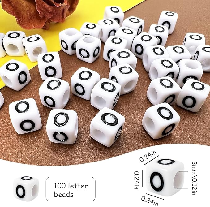 MIIIM 100pcs Pony Beads Letter O for Keychains Making, 6x6mm Large Hole Square Letter Beads for Bracelets Making, Alphabets, Numbers (White and Black)