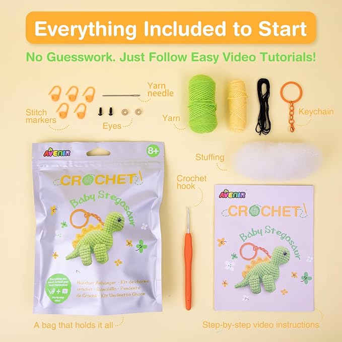 Avenir Beginner Crochet Kit for Adults & Teens - Small Portable Animals Kit with Keychain, Complete Supplies & Video Tutorials, Perfect Arts & Crafts Gift for Women & Girls (Baby Stegosaur)