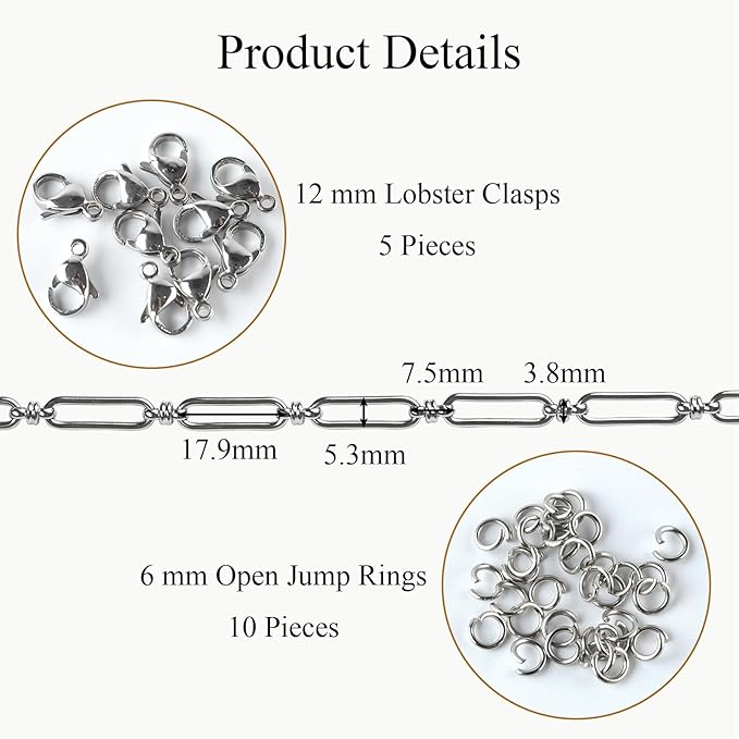 Jabogrii 6.5 Feet Silver Paperclip Chain for Jewelry Making DIY Craft Stainless Steel Jewelry Making Chains Spool Bulk