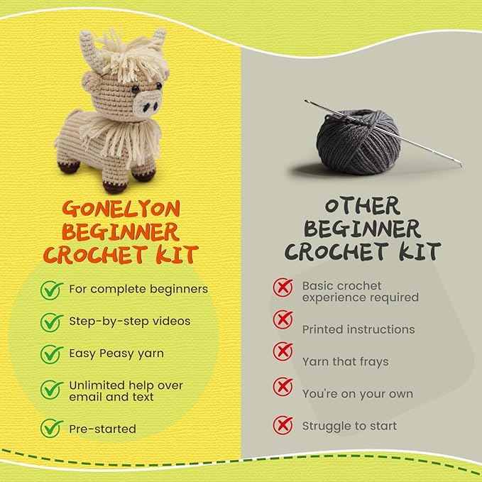 GONELYON Crochet Kit for Beginners, 2 PCS Crochet Animal Kit Highland Cattle, with Step-by-Step Video Tutorials, Beginner Crochet Kit for Adults, DIY Amigurumi Animal Craft Kit