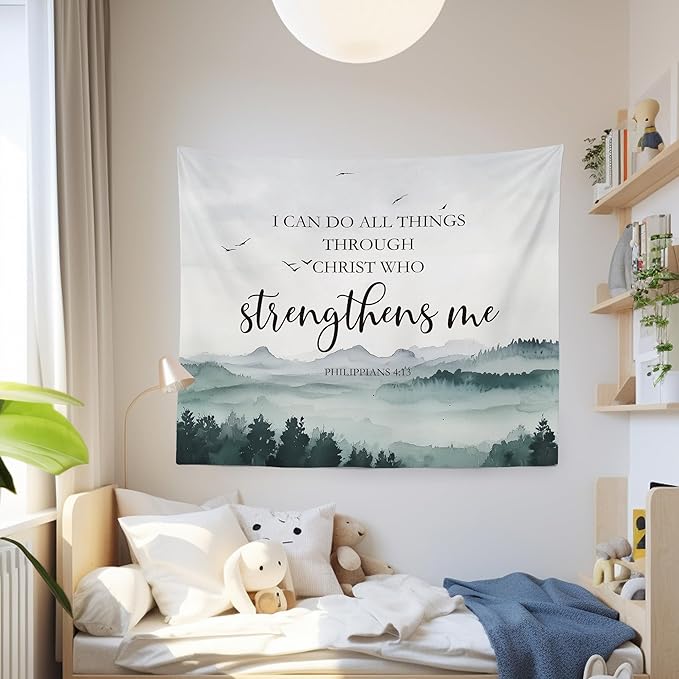 MNASAIOO Christian Mountian Wall Tapestry Hanging for Bedroom,Bible Verse I Can Do All The Things through Christ Who Strengthens Me Tapestry,Rustic Tapestries Wall Decor for Living Prayer Room 50x60in