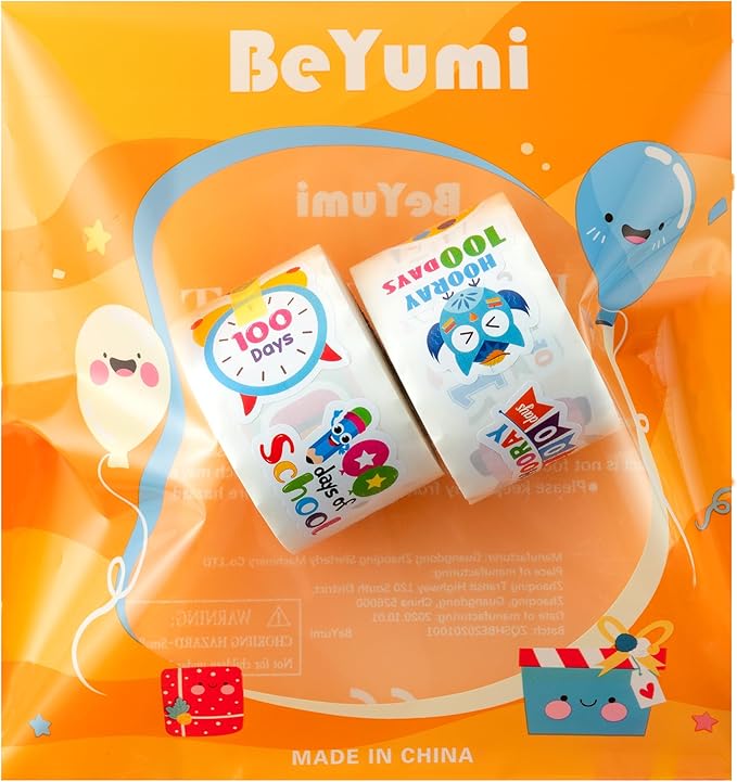 beyumi 100 days smarter stickers - 1000pcs 100 days of school stickers in 2 rolls hooray 100 teacher incentive sticker 100th day adhesive reward decals kindergarten classroom party decor for kids