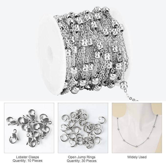 Kyutong 16.4 Feet Silver Stainless Steel Necklace Chain Spool Irregular Beaded Chains for Jewelry Making with Jump Rings Lobster Clasps Supplies for Crafting