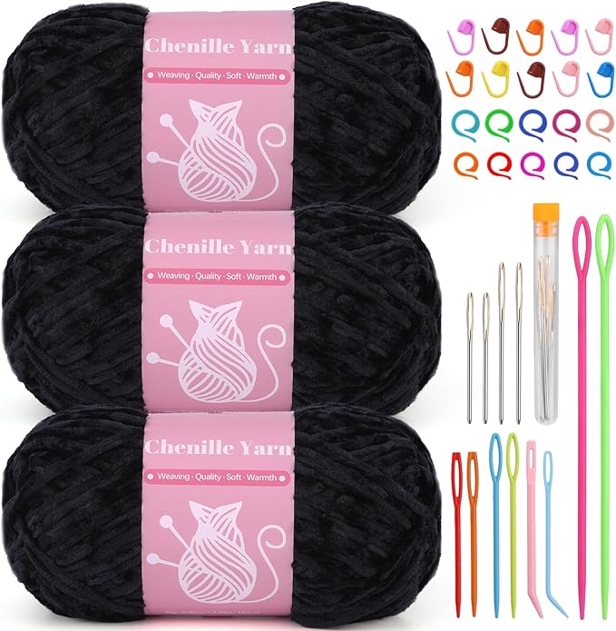 LUNARM Chenille Velvet Yarn for Crocheting Knitting, Soft Yarn for Making Blankets, Clothes, Pattern Knitting - 3 * 3.35oz, 3 * 162yds (Black)
