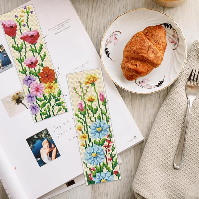 INFUNLY 6PCS DIY Flower Cross Stitch Bookmark Kit for Beginners 8.66"×3.15" Stamped Embroidery Bookmark Kit Hand Plant Bookmark Cross Stitch Kits with Instruction for Book Lovers Reader Writers