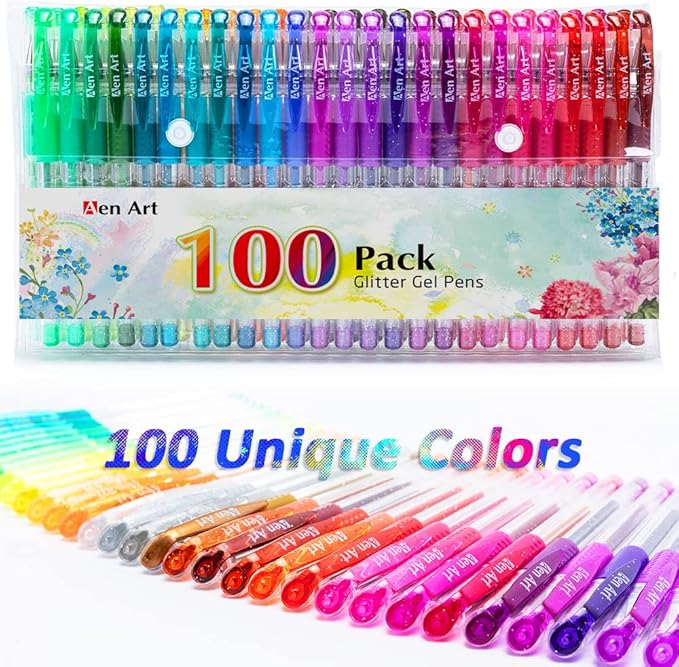 Aen Art Glitter Gel Pens, 100 Color Glitter Pen Set for Making Cards, 30% More Ink Neon Glitter Gel Marker for Adult Coloring Books, Journaling Crafting Doodling Drawing