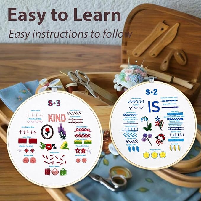 Sutesloly Embroidery Kit for Beginners Adults, 3 Sets Learn to Floral Patterns Simple Starter kit for Beginners, 54 Stitches Easy Practice Kit, 7.8inch Hoop, Hand DIY Craft Gift for Women