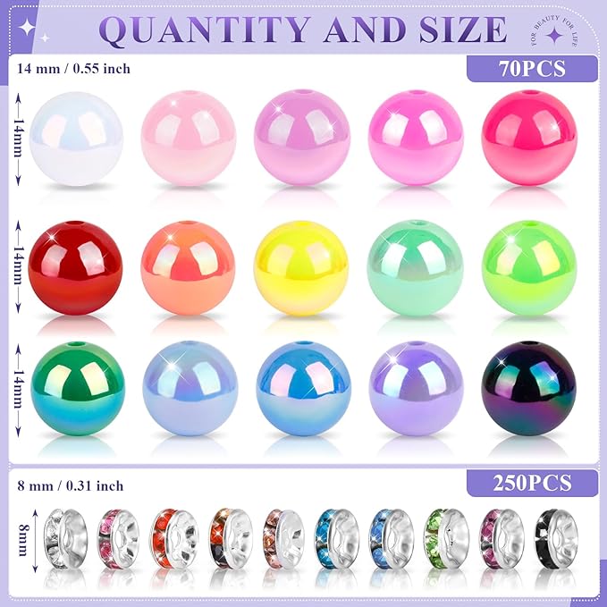 320 PCS Beads for Pens, 14 mm Focal Beads & 8 mm Rhinestone Spacers Bead, Fit for Beadable Pens Bracelets Keychains Jewelry Making, Rainbow Acrylic Bead, Christmas Gifts