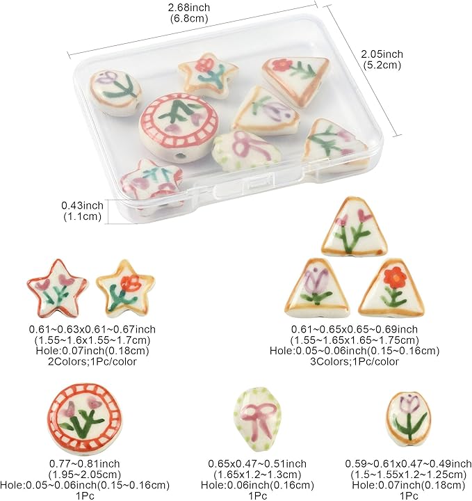 8Pcs Flower Porcelain Beads for DIY Jewelry Mixed Shapes Handmade Round Triangle Star Oval Floral Spacer Beads for Necklaces Bracelets Earrings Keychains Making and Crafting