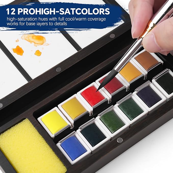 Fuumuui Watercolor Paint Set, 12 Watercolor Paints with Dual Tip Travel Watercolor Brushes Wooden Palette, Art Supplies for Painting, Travel Watercolor Set, Amateur Hobbyists