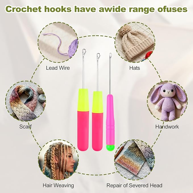 3Pack Latch Hook Tool, 3 Size Crochet Needle for Hair, Extension Micro Braid Multi-Purpose Knitting Needles,Hair Crochet Hook for Scarf Carpet Making, Art Craft (0.12+0.2+0.28 Inch)