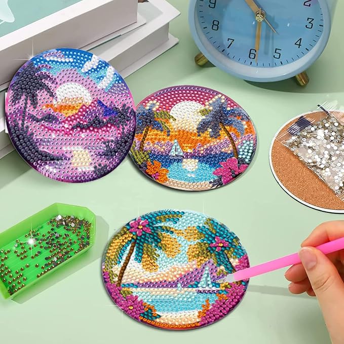 EWJRNSF 6 PCS Small Diamond Art Coasters Kits, Diamond Painting Coasters, Fall Diamond Art Kits for Adults Beginners, Arts and Crafts Item Sets with Holder for Drinks. Ocean Beach