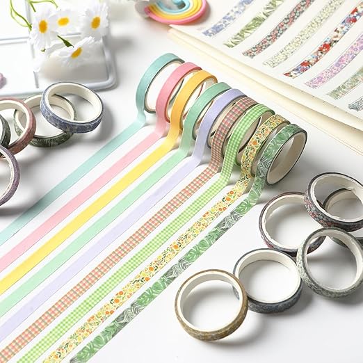 Washi Tape Set 20 Rolls Cute Vintage Washi Tape Decorative Tapes Adhesive Craft Washy Pattern Tapes for Scrapbooking Arts DIY Crafts Journal Planners Gift Wrapping Junk Journal Supplies, Natural