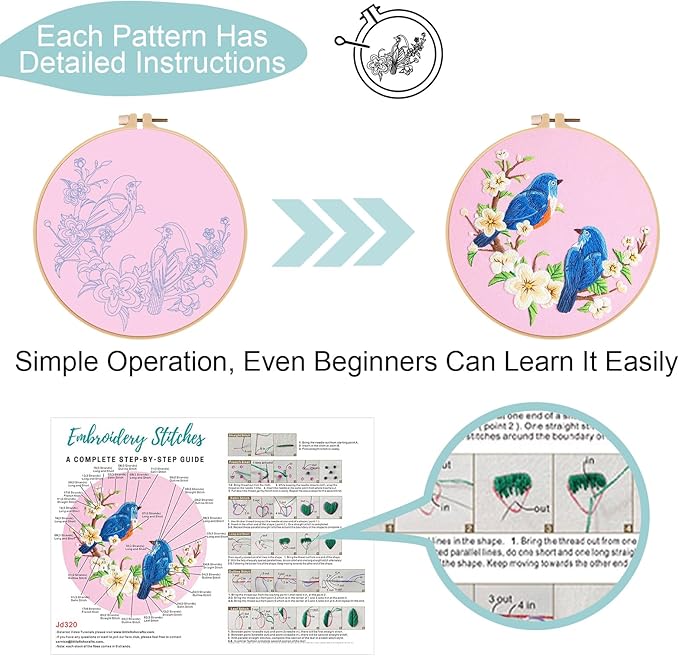 Nuberlic 3 Pack Embroidery Kit for Beginner Adults, Cross Stitch Set with Cardinal & Blue Bird Patterns, Includes Cloth, Hoops, Threads, Needles, Instructions