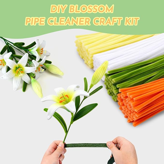 500 Pcs Pipe Cleaners Craft Bulk,4 Assorted Colors Chenille Stems for DIY Flower Making Kit with Floral Wire, Gardening Tape, Stamen & Ribbon, Pipe Cleaners Flowers, Arts and Craft Supplies for Kids