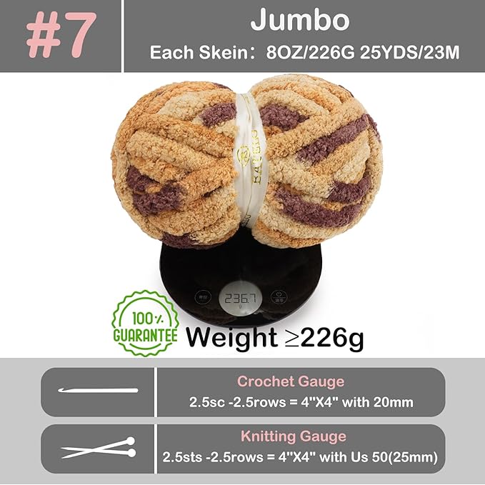 Chunky Yarn for Hand Knitting, Chunky Chenille Blanket Yarn for Crocheting, Bulky Soft Fluffy Chenille for Blanket Project, 8 Pack of 8oz/25yds, Cappuccino