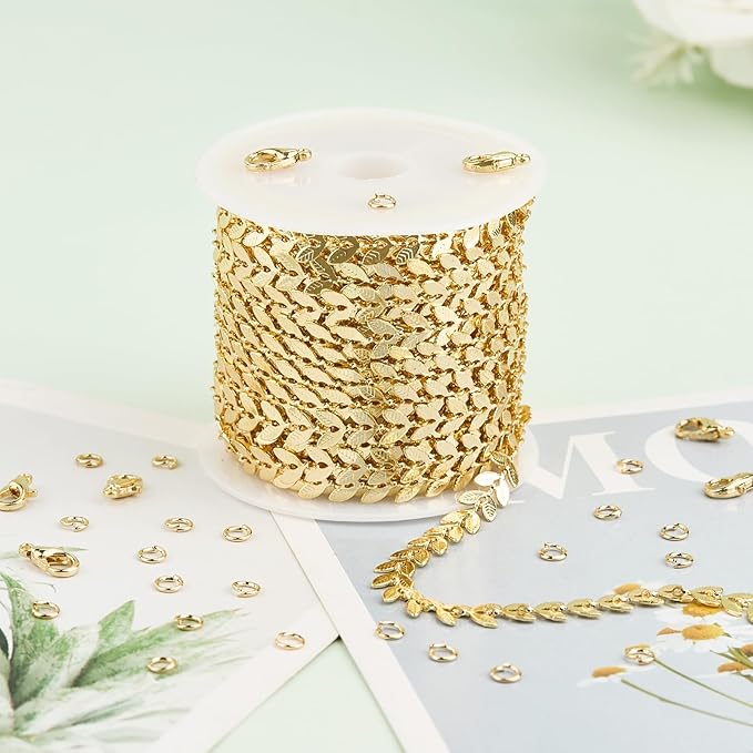 KYUNHOO 16.4/5M Gold Plated Chains for Jewelry Making Embossed Leaf Chain Roll Light Gold Jewelry Making Chains with Lobster Clasps and Jump Rings for Crafting
