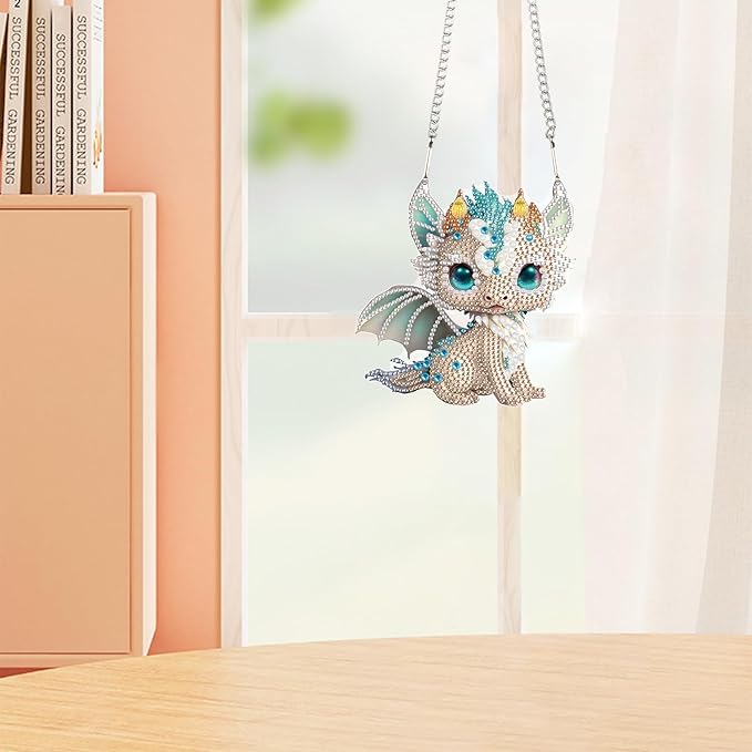 AiYuanzsh Diamond Painting Hanging Sign Set Diamond Art Hanging Wall Art Cute White Dragon DIY 5D Crystal Rhinestone Pendant Kits for Christmas Wall Door Window Decorations