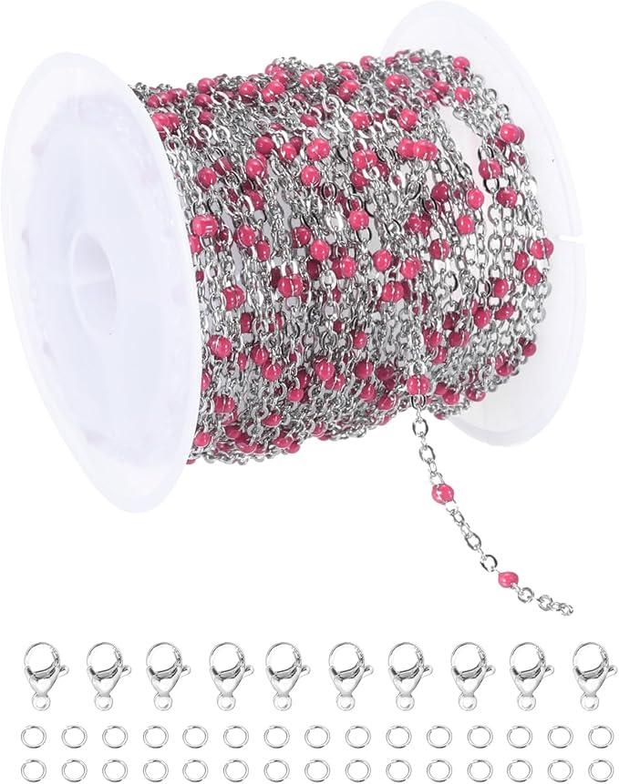 MECCANIXITY Stainless Steel Bead Chain, 16.4 Feet/5M Enamel Beaded Jewelry Link Cable Chains Spool Kit for Jewelry Making, Necklace, Bracelets, DIY Crafts (Silver/Rose Red, Pack of 1)