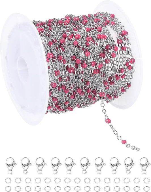 MECCANIXITY Stainless Steel Bead Chain, 16.4 Feet/5M Enamel Beaded Jewelry Link Cable Chains Spool Kit for Jewelry Making, Necklace, Bracelets, DIY Crafts (Silver/Rose Red, Pack of 1)