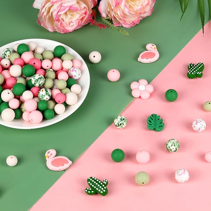 120pcs Silicone Beads for Keychain Making,Focal Beads and 15mm 12mm Silicone Beads for Pens Bracelet Making DIY kit (Flamingo)