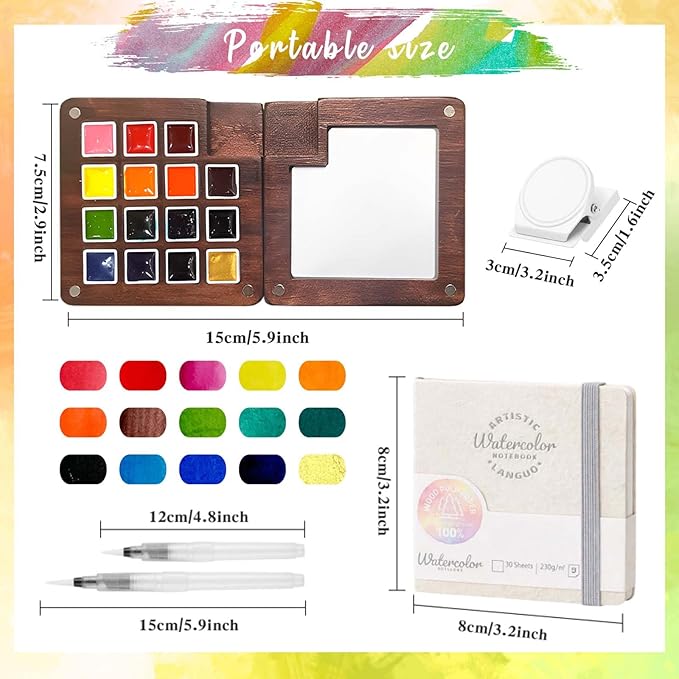 Mini Paint Palette Travel Kit - Mini Travel Watercolor Palette Set, Pocket Artist Water Color Travel Set with Colours, Binder Clips, Watercolor Pens, Wooden Paint Box for Painters Artists Students