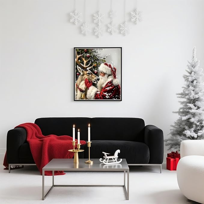 Christmas Diamond Art Kits for Adults & Beginners,5D Full Drill Round Winter Diamond Painting Kit, DIY Holiday Paint with Diamond Dots,Santa & Deer Gem Art Painting Wall Decor Gift (14x14 Inch)