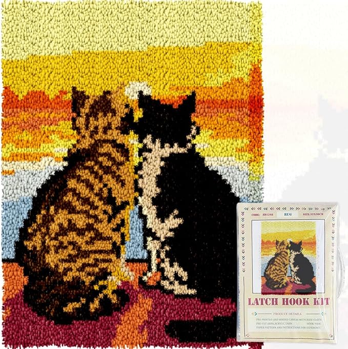 ORIGACH Cat & Sunset Latch Hook Rug Kit for Adults Printed Rug Making Kit Handmade Carpet Tapestry Cover with Hook Latch and Preprinted Canvas, Home Arts Crafts Sofa Decor, 20.5x15inch
