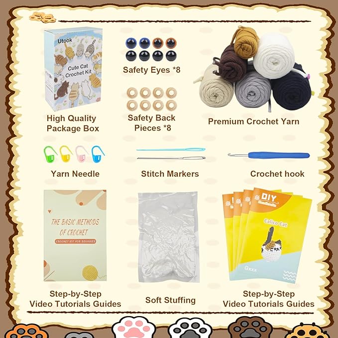 Utook Crochet Kit for Beginners, 4-Pack Crochet Animal Kit,Crochet Kits for Beginners Adults, with Instructional Videos and Paper tutorials, Handmade Crafts, Holiday Gifts (Cat Family)