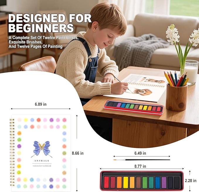 Metyond Beginner Watercolor Workbook Kit - Watercolor Painting Kit with 1 Workbook 12 Colors Paint Set with Brush, Beginner Friendly Watercolor Paint Set Gift for Adults Teens (Animals)