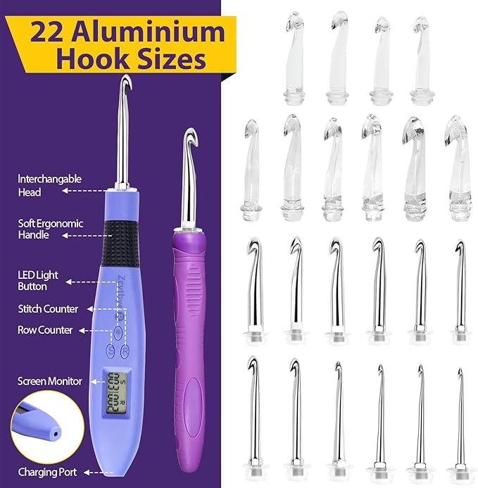 Counting Crochet Hooks with 22 Interchangeable Hooks Kit, Light Up Crochet Hook Set - Ergonomic for Arthritic Hands, Digital Stitch & Row Counter, Lighted Crochet Needles Kit with Case (Blue, 22 Size)