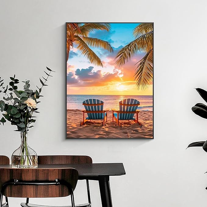 Yezavesu Beach Diamond Art Kits for Adults, Beach Diamond Painting Kit for Beginners, 5D DIY Round Full Drill Painting with Gem Art Craft Kits for Home Wall Decor 12x16 Inch