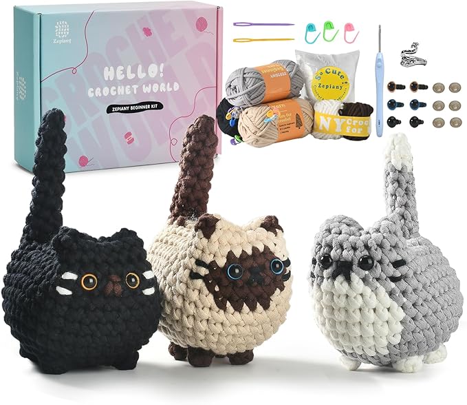 Zepiany Crochet Kit for Beginners, Crochet Cat Beginner Crochet Kit for Adults, Amigurumi Crochet Animals Cat Crafts Crochet Kits, Easy Knitting Kit Galentines Day Gifts