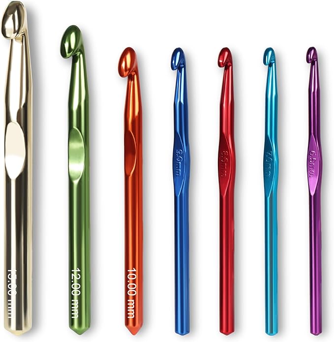 7PCS Ergonomic Crochet Hooks Set, Jumbo Ergonomic Metal Crochet Needles (6.5-15mm), Crochet Hook Set for Chunky Yarn, Blankets, Rugs, Crochet Hooks for Beginners & Adults