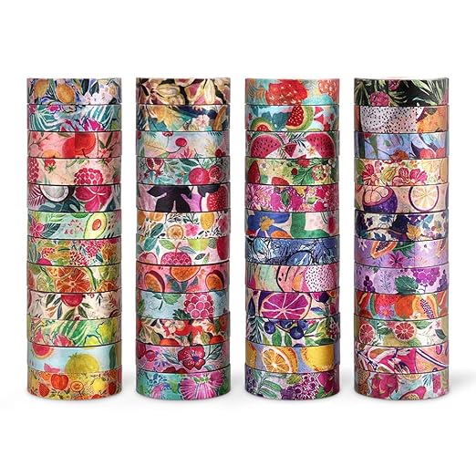48 Rolls Fruit Theme Washi Tape Set, Writable Decorative Tapes for Scrapbooking, Junk Journal Supplies, Bullet Journaling, 0.39"x79" per Roll
