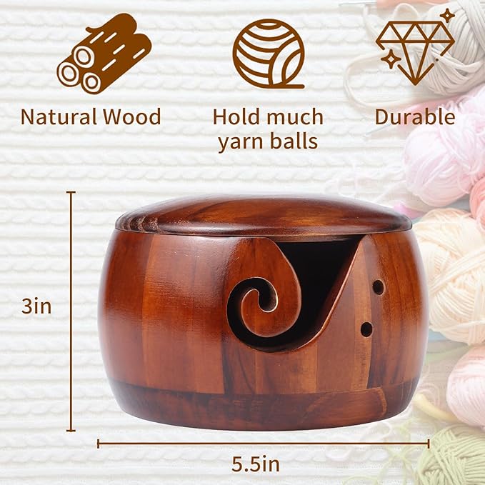 wooden yarn bowl knitting yarn bowl wooden yarn bowl with lid for yarn skeins round wooden bowl with carved holes crochet hook rests (brown)