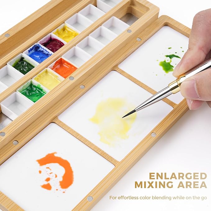 Fuumuui Watercolor Palette Box, Burlywood Palette Kit with Cover, 24 Empty Removable Half-pan Grids, Dual Tip Travel Brushes, for Watercolor Gouache Color Mixing, Pure White Palette for Painting